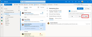 Microsoft Outlook interface displaying the new Follow button outlined in a red box.