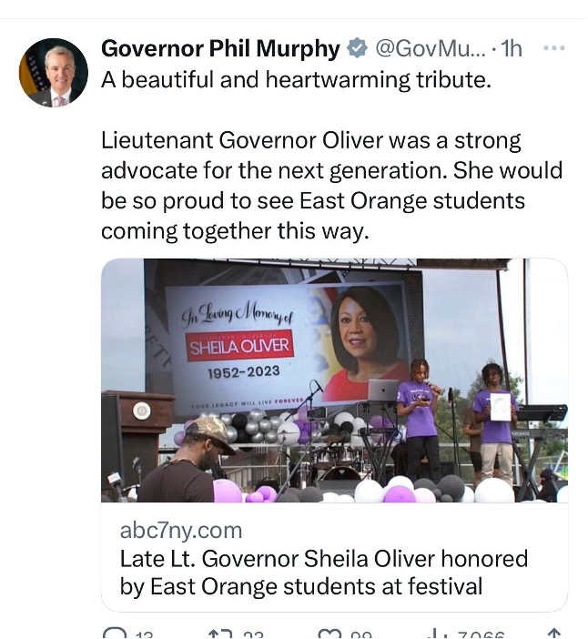 Governor Murphy's Tweet in tribute to Lt. Gov. Oliver