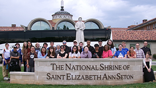 Students and staff gathered in front of the National Shrine of Mother Seton