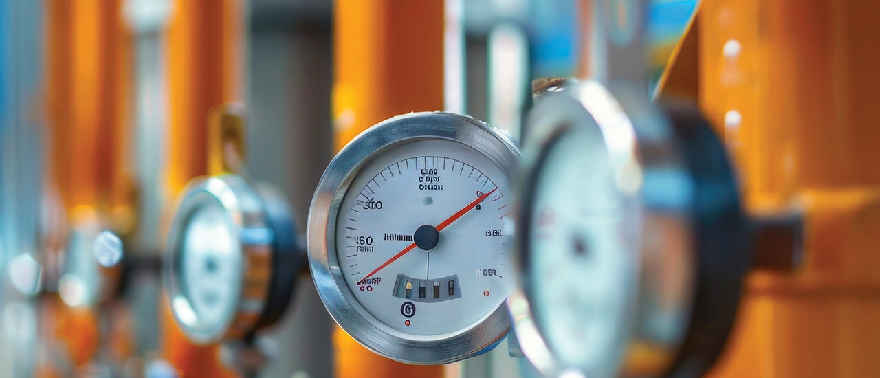 Meters on pipes in an industrial setting.