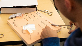 A student practicing suture skills. 