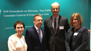 Ciaran Madden, Consul General of Ireland in New York, congratulates Deirdre Donohue Yates, Hugh Dugan and Phyllis Shanley Hansell on their induction into the Irish Education 100 on December 13.