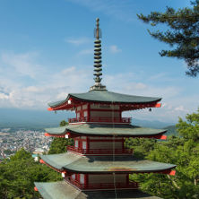 Japanese temple over looking town.