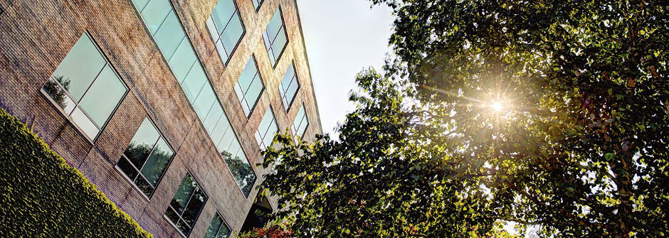 Askew image of Jubilee Hall and the sun peaking through trees.