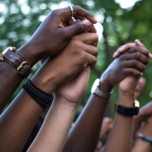 A group of people holding and lifting hands. 