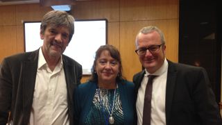 Dr. Martha Carpentier (center) with Irish poet Michael O'Siadhail (on her right, the viewer’s left) and Irish historian Lorcan Collins (on her left, the viewer’s right).