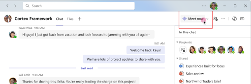 A red box around the Meet now button in the upper right-hand corner of a Microsoft Teams group chat.