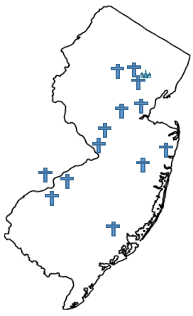 Outline of that state of New Jersey with crosses pinpointing the different areas around the state where network community members and churches are located.