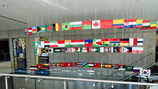 The Office of International Programs flag mobile in Jubilee Hall.
