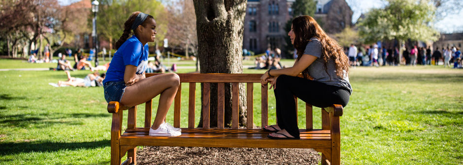 Students on a bench Students talking one-on-one on a bench