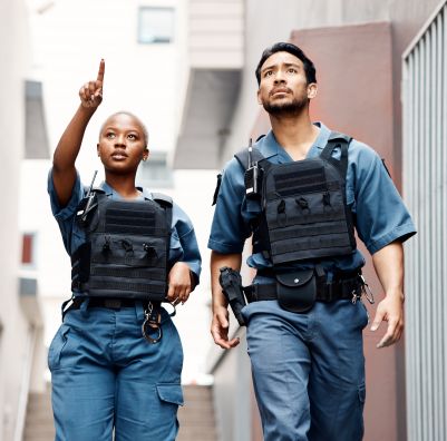 Two law enforcement officers in an alley