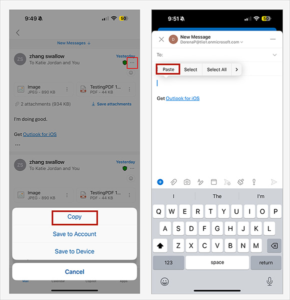 Screenshot of how to copy and paste email attachments