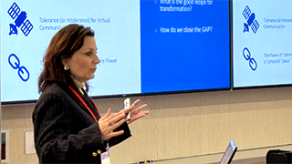 Interim President, Katia Passerini, Ph.D. presenting at the Adobe New York campus.