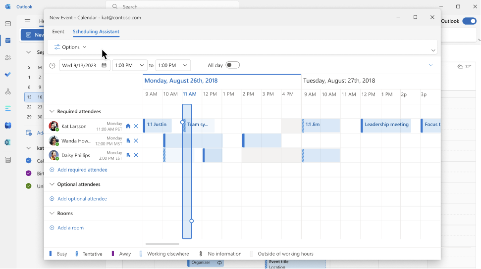 New event display in Outlook calendar with the scheduling assistant options in the toolbar.