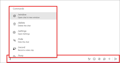 MS Teams compose message box with slash command picklist displayed.