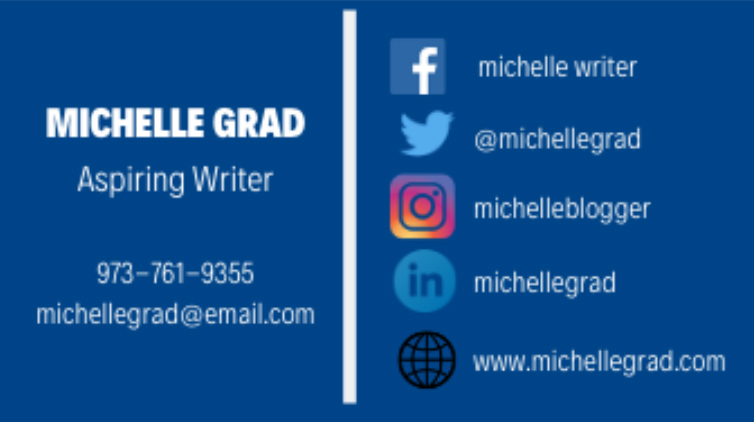 Image of a student business card with social media icons and links. 