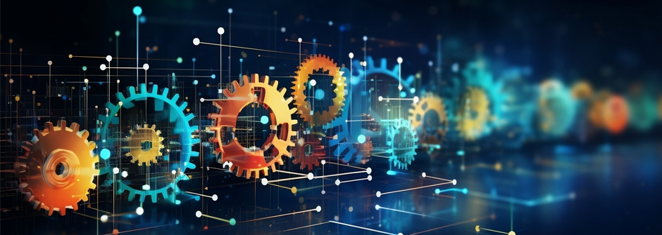 A graphic of several gears in a tech enviroment. 