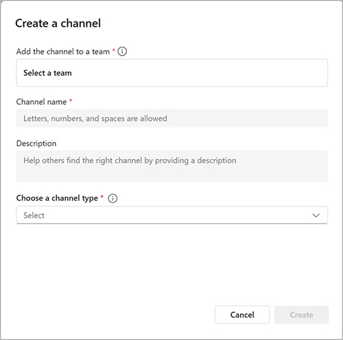 Screenshot of Teams create new channel