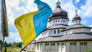 Ukrainian Flag and Building