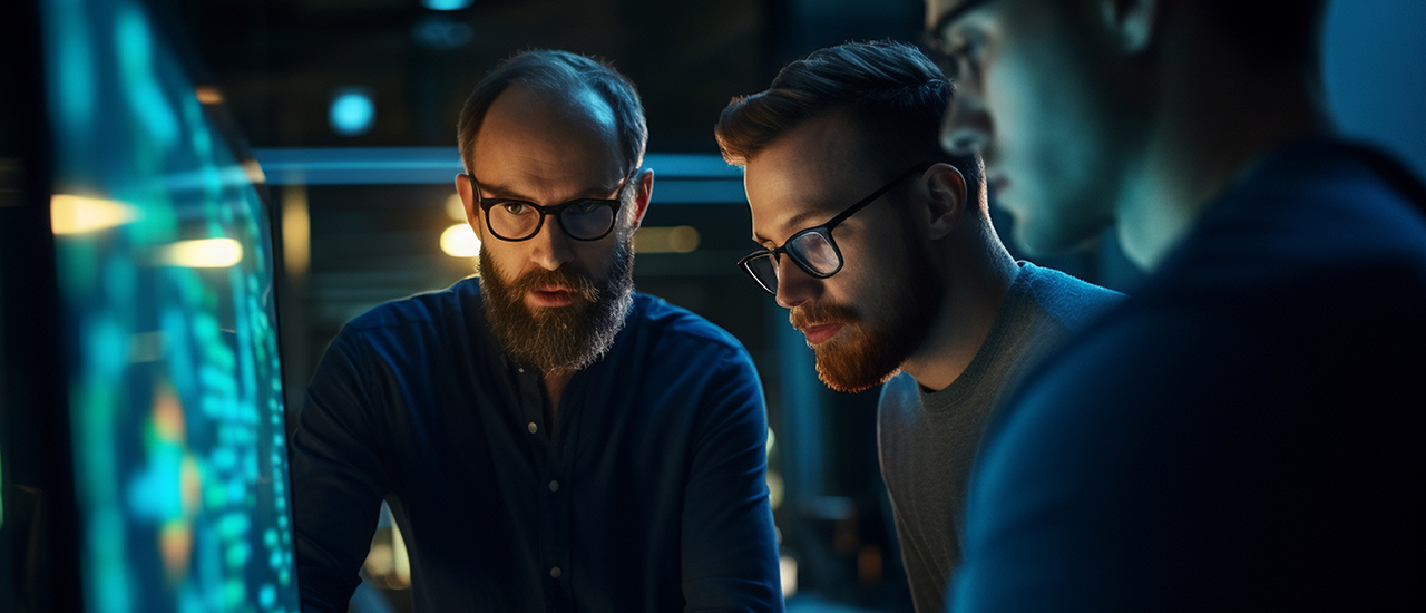 Three people working at a computer station.