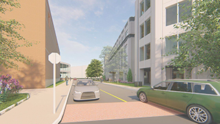 Walsh Library Exterior Render-Entering Campus A rendering of the exterior side of the crosswalk on campus facing the Walsh Library.