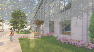 Walsh Library Exterior Render-Entrance Exterior Render of the Walsh Library with a student walking out of the building.