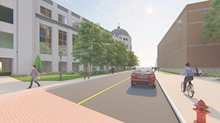 Walsh Library Exterior Render-At Crosswalk An exterior side shot of the Walsh Library mockup with students and faculty walking on the side walk.
