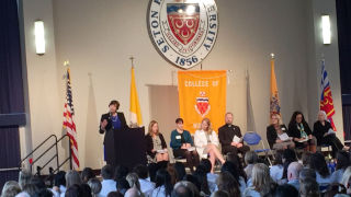 During her welcome address, Dean Marie Foley explained the origins of the first White Coat Ceremony.