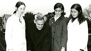 Msgr. Thomas G. Fahy, Miss Beloff, Miss Newram, and Miss Cree at the ground-breaking ceremony for a women’s residence hall, October 5, 1970