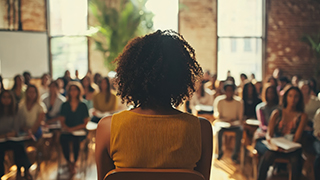 Female speaker facing audience