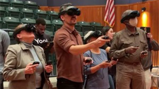 Museum attendees using virtual reality.