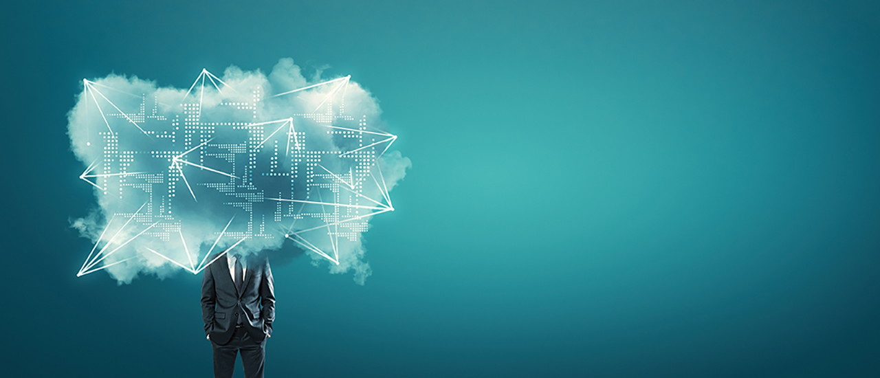 A photo of a person with a graphic representing digital cloud in place of the head.
