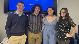 Following the Young Alumni Panel, Patrick Manning, Ph.D., joins alumni panelists Jaruwat P. Maendl ’23, Giselle Pineda ’22, MHA, and Julia Gallo ’24 in the University Center Event Lounge.