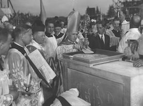 September 26, 1937. Most Reverend Thomas J. Walsh lays the cornerstone of the new seminary at Darlington