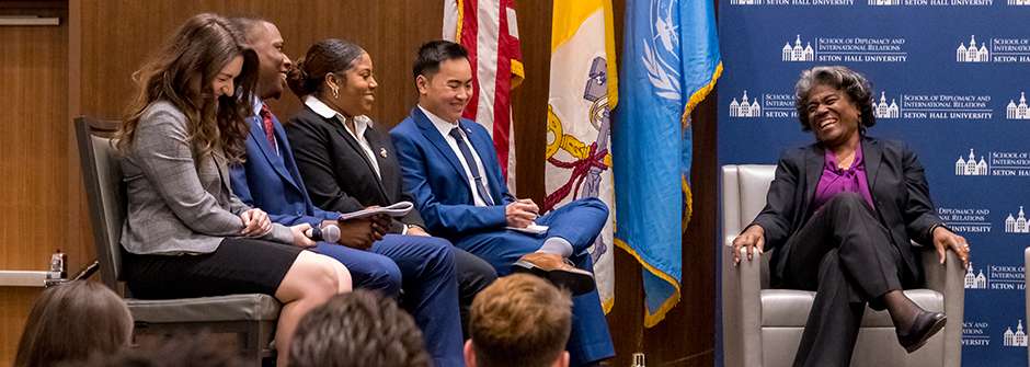 Diplomacy students talking with UN Amb Thomas-Greenfield