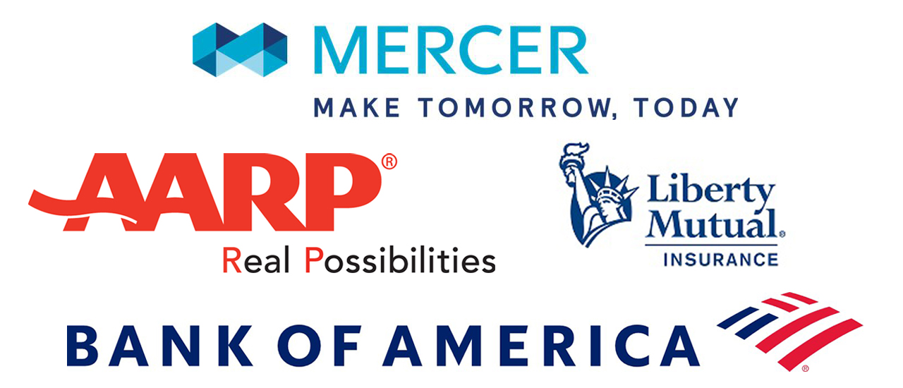 MAO Sponsor Logos - AARP, Bank of America, Liberty Mutual Insurance and Mercer