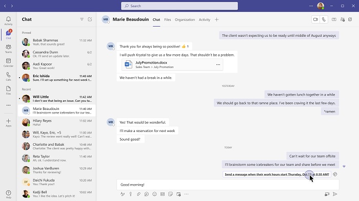 Microsoft Teams 1:1 Chat interface with the schedule send suggestion alert.