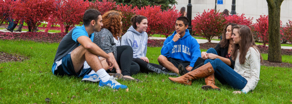Students sitting on the grass in front of the library. 