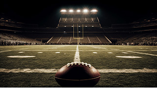 a picture of a football ball in a stadium at night