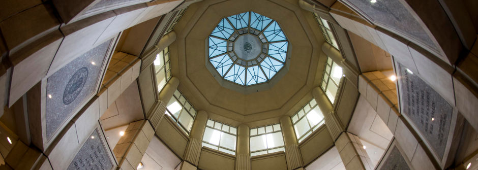 Library Rotunda Light shining through the windows of the library rotunda from the ground.