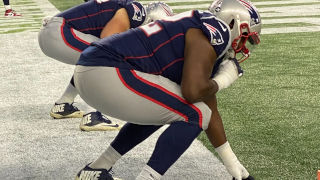 NFL Patriots players on the goal line