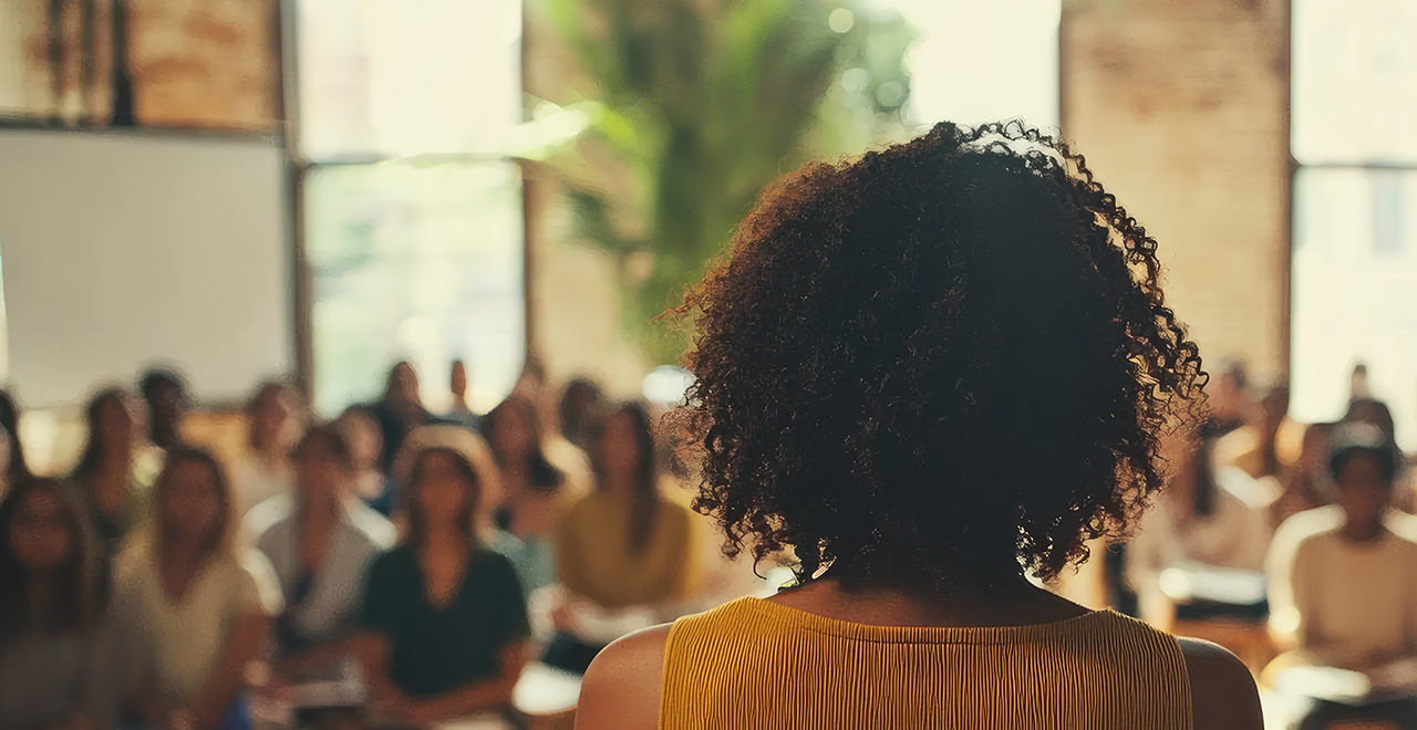 A photo of a woman speaking to a seated audience.